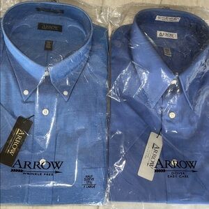 Arrow Dress Shirt (2) Mens XL 17.5 Blue Button Down Half Sleeve Wrinkle Free